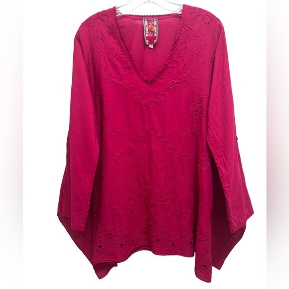 Johnny Was Tunic Top Draped Embroidered Eyelet Roll Up Sleeves Pink Size S - Picture 1 of 10